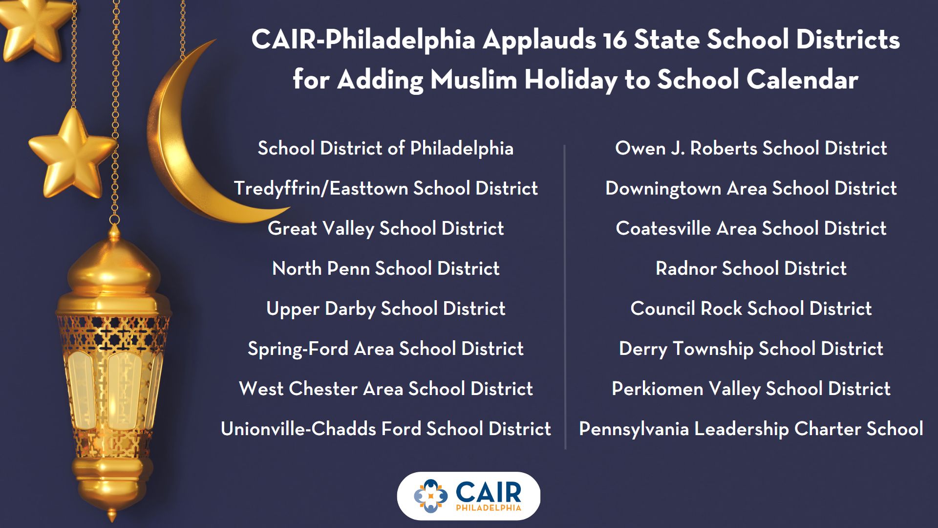 CAIRPhiladelphia Applauds 16 State School Districts for Adding Muslim