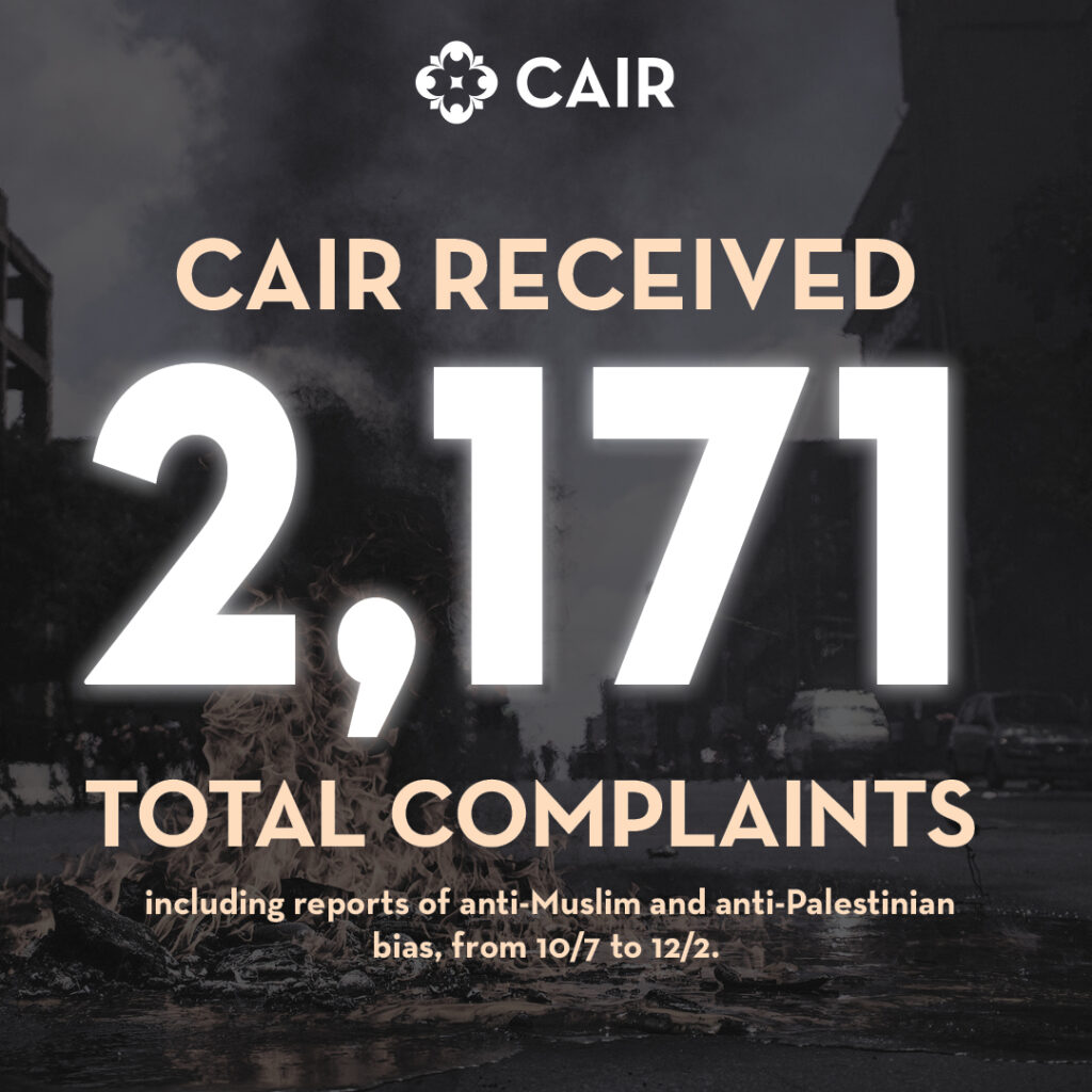 CAIR received 2,171 total complaints including reports of anti-Muslim and anti-Palestinian bias, from 10/7 to 12/2.