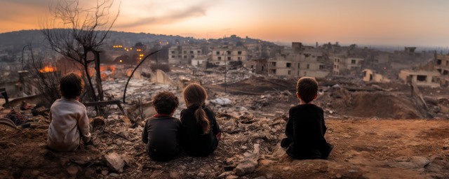 Palestinian Children Overlooking Destroyed Homes